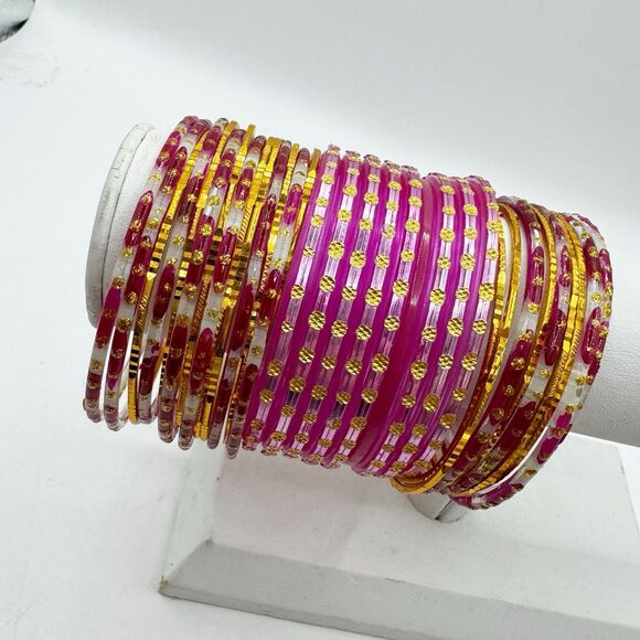 Indian Bollywood Glass Metal Plastic Pink Gold Bangle Bracelet Stack Set Of 32 - Picture 2 of 6